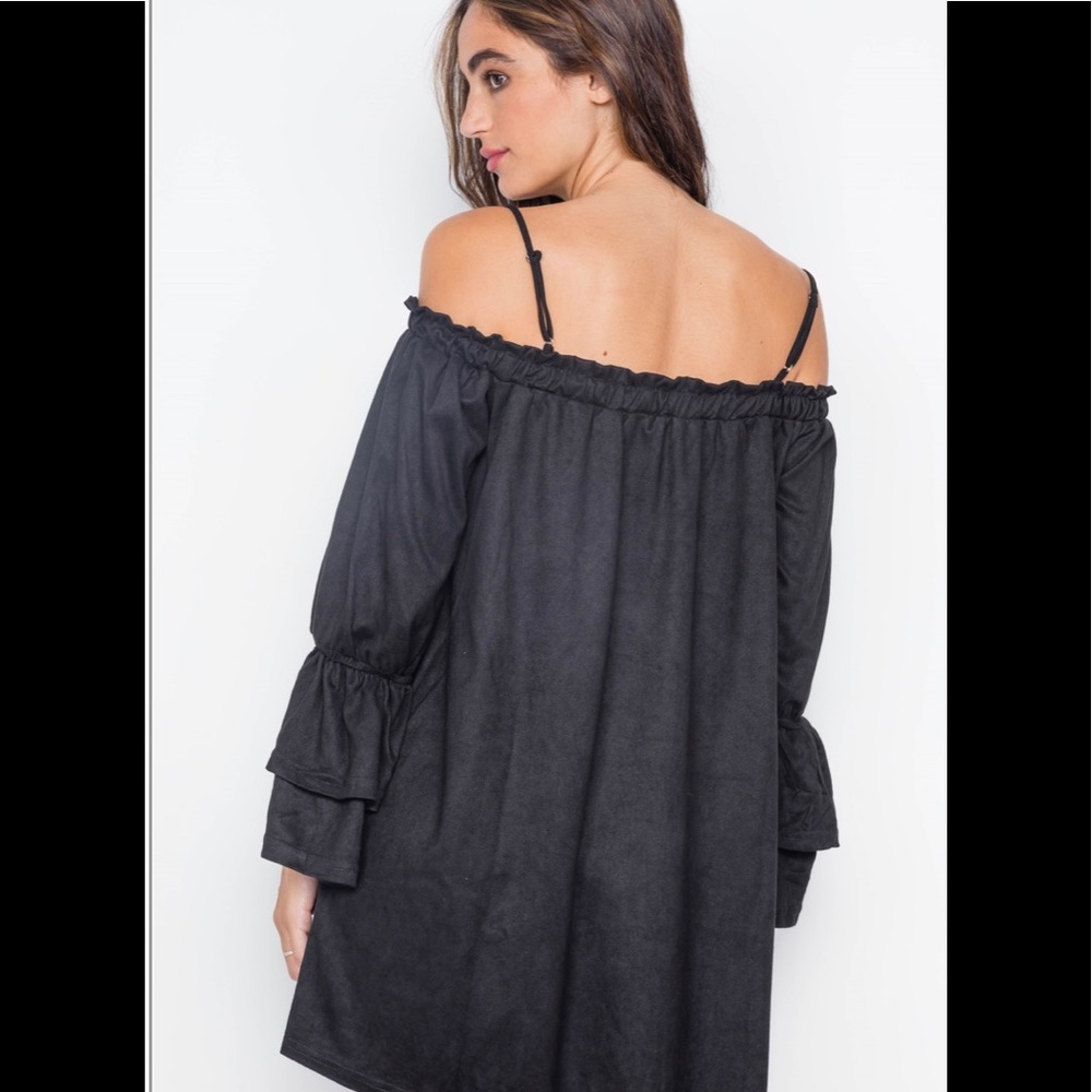 Off the shoulder boutique faux Suede black mini - Picture 2 of 6